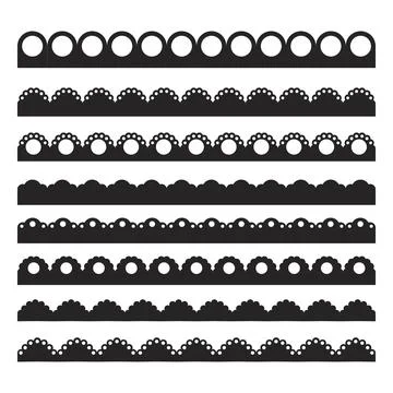 Scalloped edge border frilly stroke divider black silhouette stripe, tape Illustrazione stock