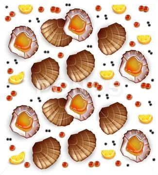 Scallops pattern Vector realistic seafood. Fresh shellfish. 3d detailed Stock Illustration