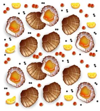 Scallops pattern Vector realistic seafood. Fresh shellfish. 3d detailed Ilustración de archivo