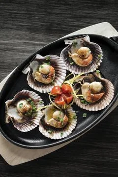 Scallops in shell seafood tapas portion in barcelona restaurant spain Stock Photos