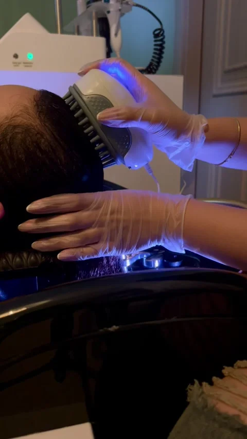 Scalp massage device with blue light in salon, vertical close-up Stock Footage 345165610