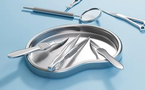 Scalpel, hemostatic forceps and so on surgical tools, 3d rendering. Stock Illustration