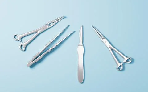 Scalpel, hemostatic forceps and so on surgical tools, 3d rendering. Stock Illustration