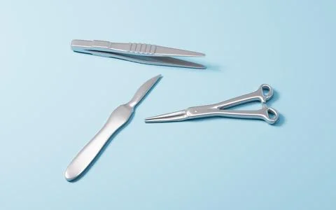 Scalpel, hemostatic forceps and so on surgical tools, 3d rendering. Stock Illustration