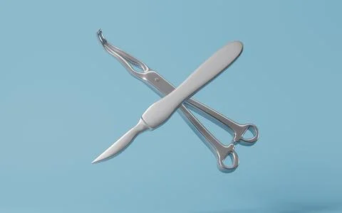 Scalpel, hemostatic forceps and so on surgical tools, 3d rendering. Stock Illustration