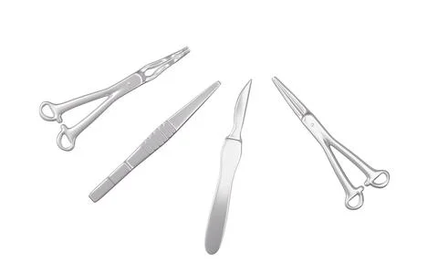 Scalpel, hemostatic forceps and so on surgical tools, 3d rendering. Stock Illustration