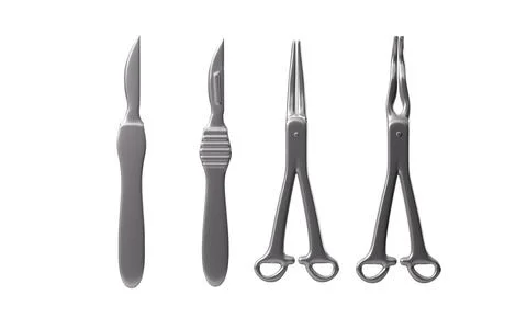 Scalpel, hemostatic forceps and so on surgical tools, 3d rendering. Stock Illustration