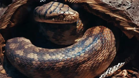 A scaly large reticulated python coiled up in a knot and waits for a victim. A Stock Footage 233544724