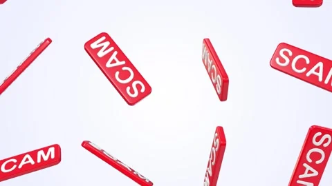 Scam 3D Text Boxes Falling on a Light Blue Background. Fraud and Spam Concept. Stock Footage 299726634