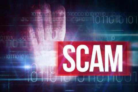 Scam against blue technology design with binary code Illustrazione stock