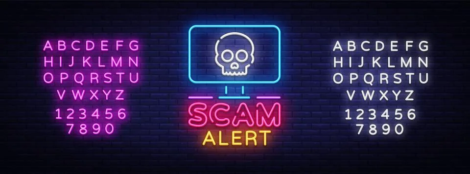 Scam Alert neon sign vector. Scam Alert Design template neon signboard, light イラスト素材