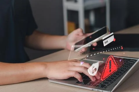 Scam alert, software warning fraud, cyber security. Hacker detection cyber at Stock Photos