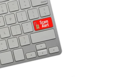 SCAM ALERT text on computer keyboard over white background Stock Photos