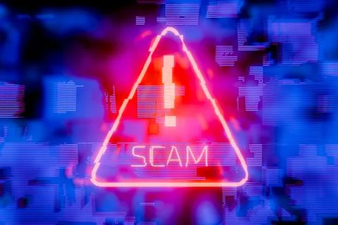 Scam alert. Warning. Red icon with an exclamation point and the word "scam... Stock Photos