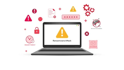 Scam and ransom attack concept 4k animation with red floating shapes around Stock Footage 313344777