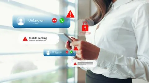 Scam call and message warning about suspicious banking activity on mobile device Stock Photos