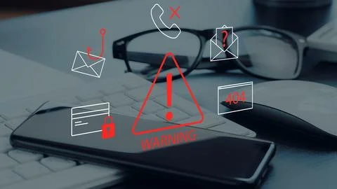 Scam call and SMS warnings with icons on a desk setup in an office space Stock Photos