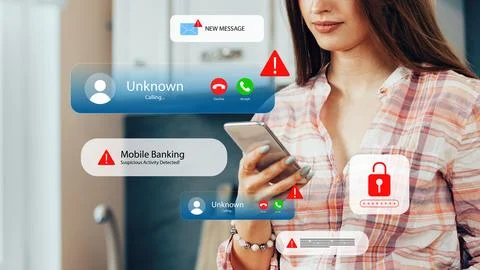 Scam call and text messages warning about mobile banking issues Stock Photos