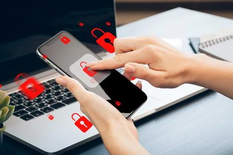 Scam call message highlighting security prompts on a smartphone screen next to Stock Photos
