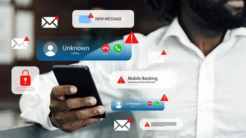 Scam call sms alerts warning users about potential fraud and suspicious Stock Photos