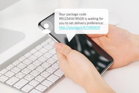 Scam call sms message about package delivery preference and fraud warning Stock Photos