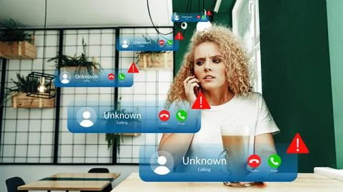 Scam call sms message alerting a woman in a cafe at an unknown time of day Stock Photos
