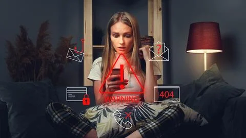Scam call sms message alerts user about a potential fraud situation at home Stock Photos