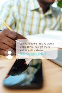 Scam call sms message offering fake prize for easy access Stock Photos