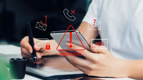 Scam call SMS message on phone shows warning signs and alerts about fraud Stock Photos
