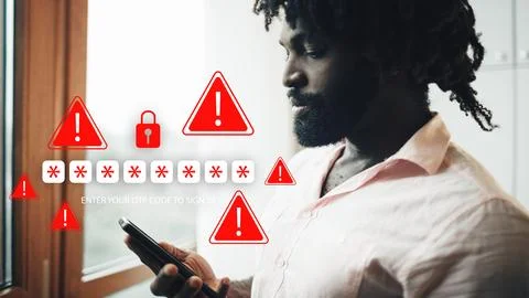 Scam call sms message showing red alerts and a person looking at a mobile phone Stock Photos