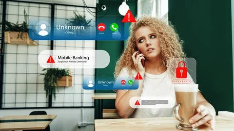 Scam call sms message showing risks of unknown numbers in mobile banking alerts Stock Photos