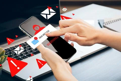Scam call sms message warn users of fraud and security risks on phones and Stock Photos