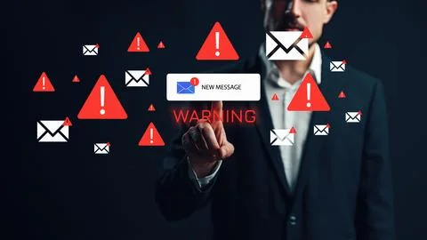 Scam call sms message warning on a digital display with alert icons Stock Photos