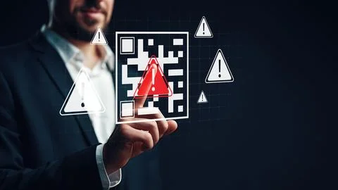 Scam call sms message warning with alert symbols and a person interacting with Stock Photos