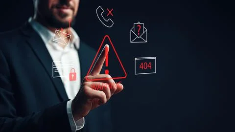 Scam call sms message with warning symbols on a digital interface in dark Stock Photos