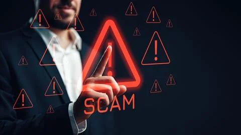 Scam call sms message warning with alert symbols and a person pointing at it Stock Photos