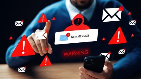 Scam call sms message warning alerting users about potential threats on mobile Stock Photos