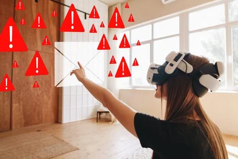 Scam call sms message warning issued to users in a virtual reality environment Stock Photos