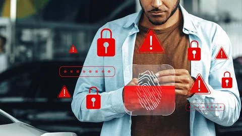 Scam call sms message warning with security icons on a smartphone and a man Stock Photos