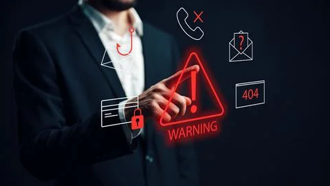 Scam call sms warning message with symbols and alerts on dark background Stock Photos