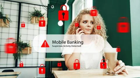 Scam call sms warning for mobile banking with suspicious activity alert Stock Photos