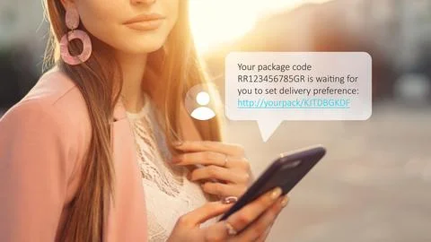 Scam call text message about a package waiting for delivery preference Stock Photos