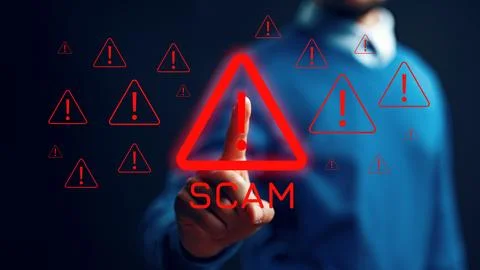 Scam call warning alert shows danger signs to avoid fraudulent messages and Stock Photos