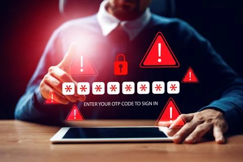 Scam call warning message for entering OTP code on a tablet device Stock Photos