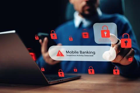 Scam call warning shows alerts for mobile banking suspicious activity Stock Photos