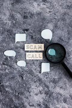 Scam calls and personal data theft, text surrounded by comic bubbles and magn Stockfoto's