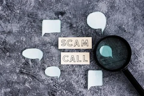 Scam calls and personal data theft, text surrounded by comic bubbles and magn Stockfoto's