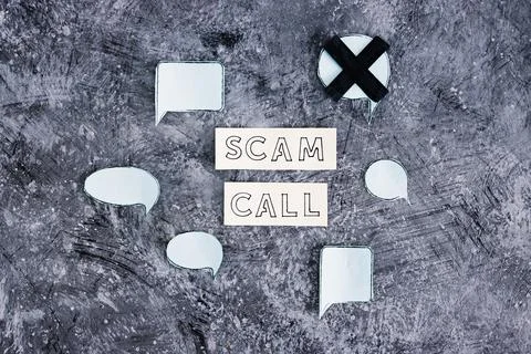 Scam calls and personal data theft, text surrounded by comic bubbles with one Stockfoto's