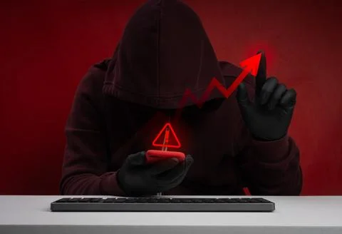 Scam growth concept. Anonymous hacker using smartphone and draw rising arro.. Stock Photos