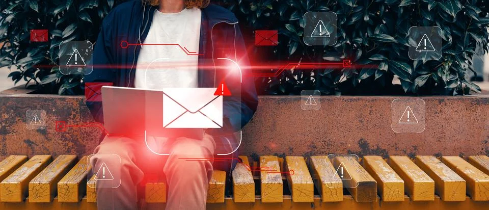 Scam message alerts appear while someone reads on a bench in a public space Foto stock